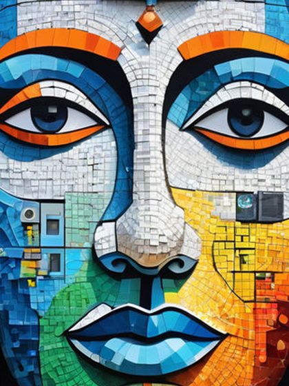 Another conceptual design for the 'Sanketana' mural, showing a different color palette and arrangement of e-waste components. This piece highlights the artistic planning that goes into creating a large-scale, harmonious composition from discarded materials.