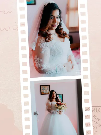 A film-strip style collage of the bride getting ready, showing her in her beautiful white gown and holding her bouquet.