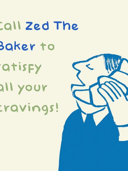 A playful graphic encouraging you to call Zed The Baker to satisfy all your cravings, with a croissant cleverly acting as a phone.