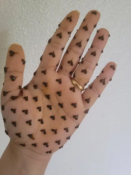 Hopping on a fun trend with this design. I covered the hand in tiny henna hearts. This shows the fresh paste application.