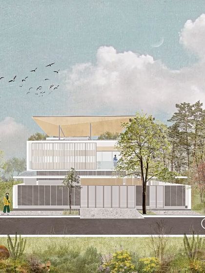 An architectural illustration of the Akiri Residence, blending a clean line drawing with a soft, watercolor-like background. This style of presentation helps convey the mood and atmosphere of the proposed design.