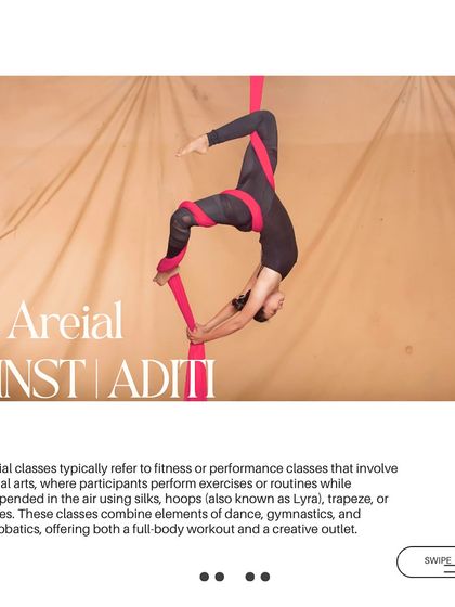 This poster introduces the Aerial module of our "Dancers Intensive," explaining how it combines dance, gymnastics, and acrobatics for a full-body workout.