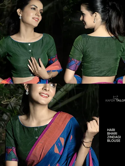 A closer look at the "Hari Bhari Zindagi" blouse paired with a hand-woven pure cotton saree. The breathable fabric is ideal for everyday wear, reflecting tradition and timeless elegance.