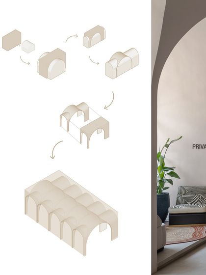 This diagram illustrates the geometric evolution of the space, from a single cube to a series of intersecting arches that form the final vaulted structure. It's a look into the simple logic behind a complex form.