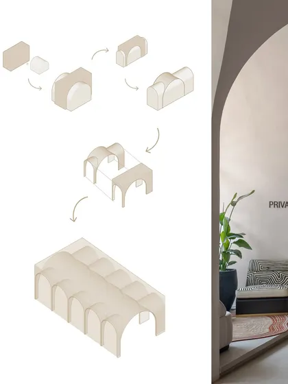 This diagram illustrates the geometric evolution of the space, from a single cube to a series of intersecting arches that form the final vaulted structure. It's a look into the simple logic behind a complex form.
