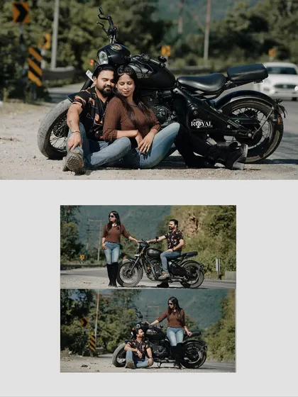 A collage showing a couple in casual attire enjoying their time with a motorcycle on a sunny day.