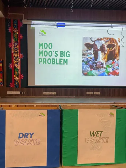 Our setup for a waste segregation workshop, featuring clearly labeled bins for dry and wet waste. We teach the simple but crucial first step of responsible waste management: separating at the source.