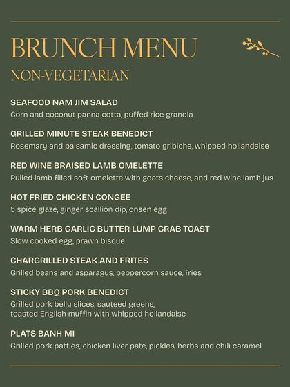 The non-vegetarian offerings from one of our brunch menus, including a Seafood Nam Jim Salad and Red Wine Braised Lamb Omelette.