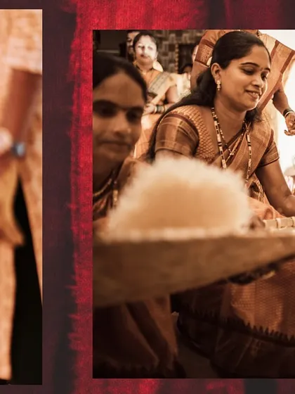 A collage focusing on the traditional aspects of a Haldi, including the participation of elder family members.