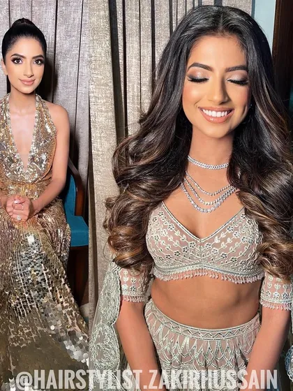 I designed this glamorous look for a reception party, featuring voluminous, soft curls and a sleek, high ponytail. This style is perfect for a modern bride who wants a chic and comfortable hairstyle for a long evening of celebrations.
