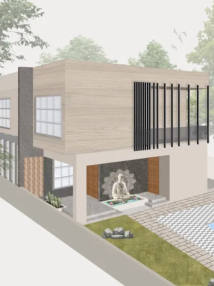 A conceptual illustration for a weekend villa, showing how we integrate the building with its landscape, including a pool and serene outdoor seating.
