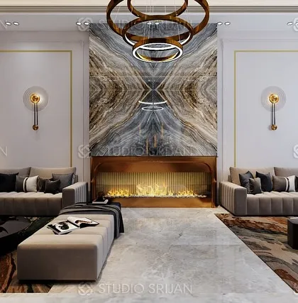 A formal drawing room centered around a modern, recessed fireplace. The wall above features a spectacular book-matched marble slab, creating a perfectly symmetrical and luxurious focal point.
