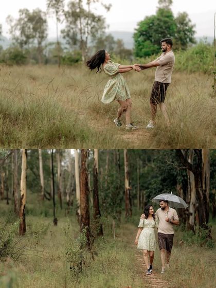 A collage showing a couple's playful moments in nature, from dancing in a field to walking under an umbrella in the woods.