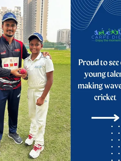 A coach celebrating a player's achievement. This bond is at the heart of our academy. Aarav's performance is a result of his hard work and our guidance.