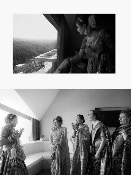 A collage of the bride's getting-ready moments, sharing laughter and anticipation with her bridesmaids.