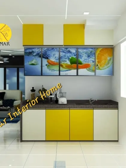 An open kitchen concept where the cooking space is visible from the living area. The vibrant digital print on the cabinets acts as a piece of art.