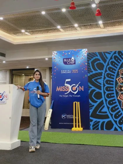 At the podium for the Mehta Cosmetic Annual Conclave. The cricket theme made for a fun and unique corporate event.