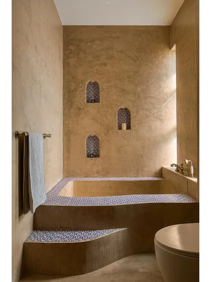 Even small spaces offer big opportunities for artistry. This bathroom in our Casa Aum project features hand-plastered walls and custom tilework, blending Moroccan and Indian design influences to create a truly unique and intimate setting.