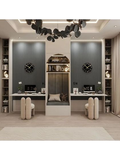 This view showcases the shared study area in the kids' room, with two dedicated desks, ergonomic chairs, and a cozy reading nook in between. It’s a perfect setup for homework and creative projects.