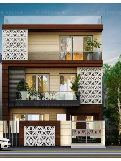 The front elevation of the 202 sq. yard Rajender Nagar home, showcasing the symmetrical arrangement of the geometric jali screens. These decorative elements are integrated into the facade and boundary wall for a cohesive design statement.