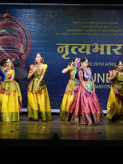 Another dynamic moment from "Prema Vinod," where Krishna playfully interacts with Radha and the gopis. These performances are a highlight for our students.