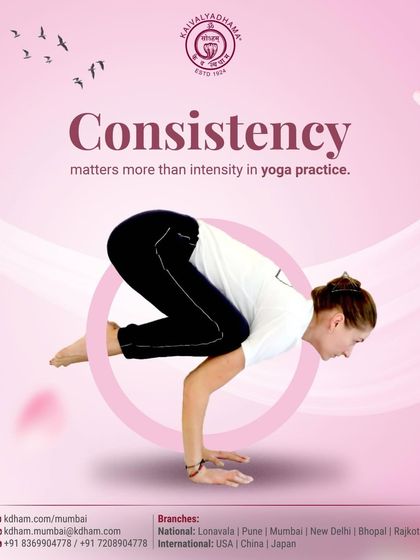 In yoga, consistency matters more than intensity. This graphic, showing a practitioner in Bakasana (Crow Pose), highlights my focus on sustainable, repeatable practice that builds discipline and long-term benefits without injury.