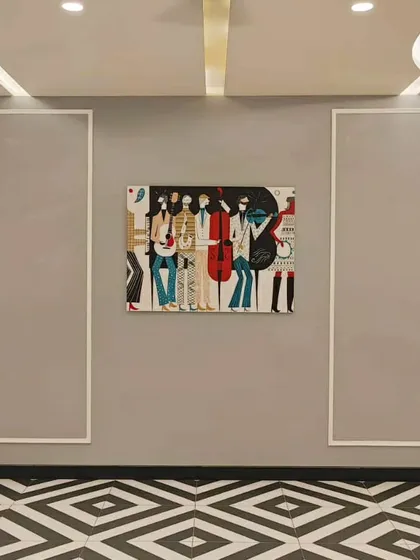 This 4ft musical-themed canvas was a joy to create for a client's living hall in Orissa. My work often explores different styles, and this piece showcases a more graphic, patterned approach to capture the vibrant energy of a jazz band.