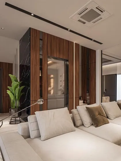A 3D render of a luxurious living room with dark wood and black marble paneling. The large, neutral-colored sofa provides ample seating, and the overall design is sleek and modern.