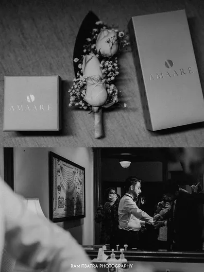 A black and white collage showing the groom's getting-ready details, including his suit accessories and a candid reflection.