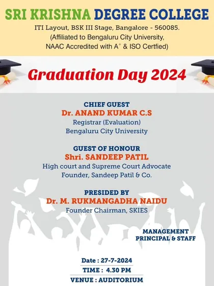 The official invitation for the Graduation Day 2024 at Sri Krishna Degree College, where I was invited as the Guest of Honour.