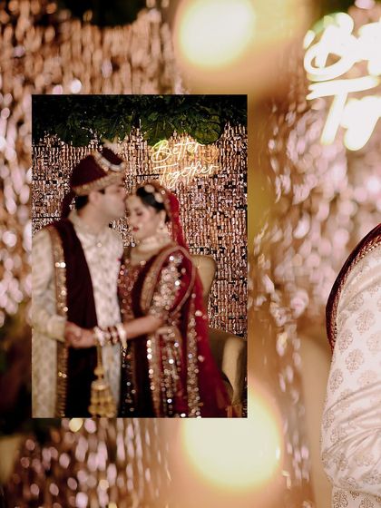 A creatively framed shot of the couple, with a close-up inset against a soft-focus background of them kissing. It’s a romantic and artistic way to capture a wedding memory.