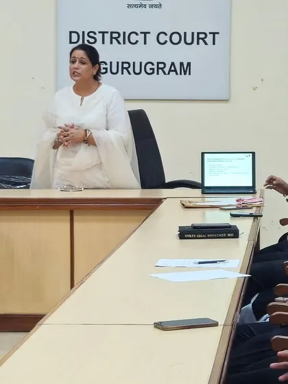 Explaining the law in 'bahut saral bhasha' (very simple language) is central to my work. Here, I am conducting a session on the Prevention of Sexual Harassment (POSH) Act at the District Court in Gurugram, ensuring legal professionals are equipped with the latest knowledge.