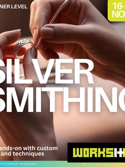 Get hands-on with custom tools and techniques. This poster announces our November silversmithing workshop, a perfect opportunity for beginners to dive into the craft.