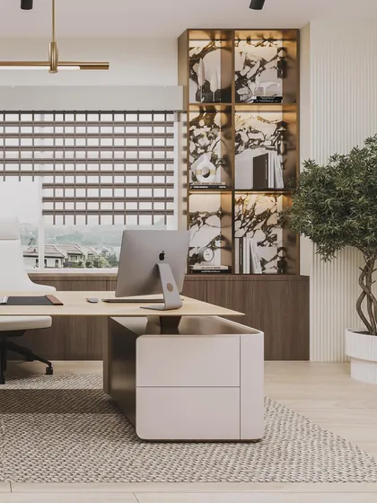 This angle highlights the custom bookshelf with its unique marble backing, adding a touch of luxury to the office.