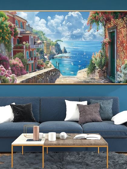 Escape to the Italian coast with this vibrant crystal glass painting. The scene is filled with colorful seaside villas, blooming flowers, and sparkling blue water, making it a picturesque addition above a sofa.