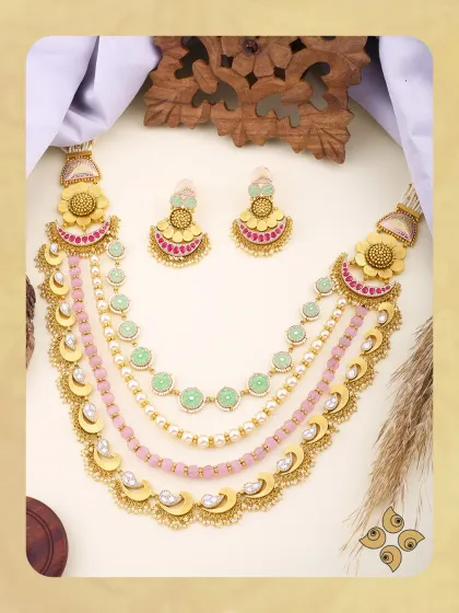 Grace in every detail. This multi-layered necklace set features pastel pink and mint green beads with Kundan-style floral elements, catering to the demand for modern, colourful jewellery.