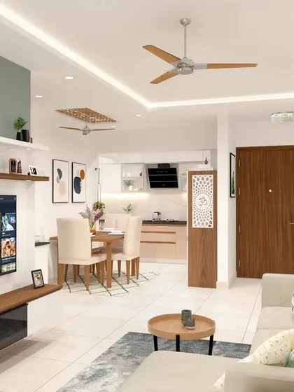 We design kitchens that are beautifully integrated into your home. This open-concept layout connects the kitchen with the living and dining areas, creating a bright, airy, and cohesive space for family life.