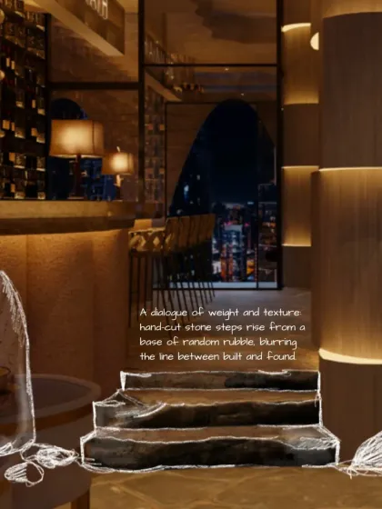 A dialogue of weight and texture. At Zuvaah, hand-cut stone steps rise from a base of random rubble, blurring the line between what is built and what is found, creating a raw and authentic feel.