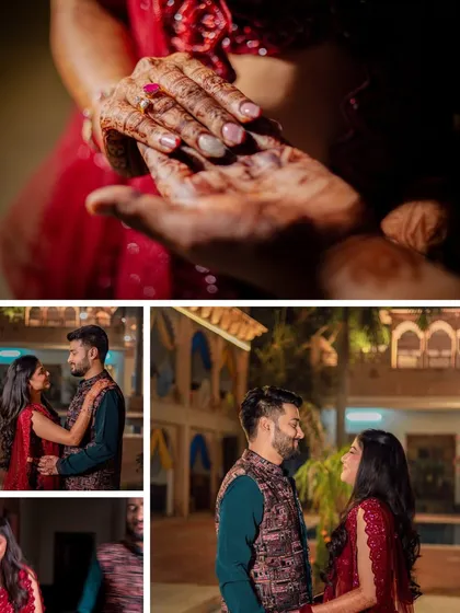 A collage that includes a close-up of the bride's ring and candid couple moments from the Sangeet. This highlights both the details and the emotions of the evening.