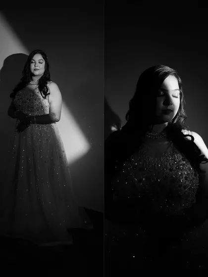 Elegance in monochrome. The play of light and shadow in these black and white portraits creates a timeless and artistic look, highlighting the bride's beautiful gown and serene expression.