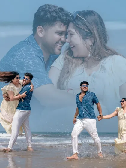 A playful and energetic collage of the couple running and laughing on the beach. This shows the fun and candid side of a Goa pre-wedding shoot.