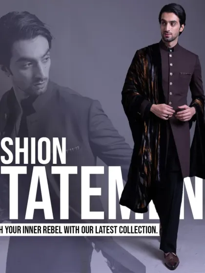 A true fashion statement. This look, featuring a deep maroon bandhgala with a velvet stole, is for the man who wants to unleash his inner rebel with a touch of regal elegance.