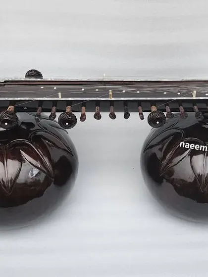 This is a Vichitra Veena, another ancient and rare instrument. It has no frets and is played with a glass slide, producing a sound that is very similar to the human voice.