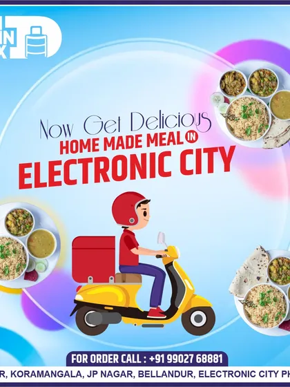 We are now delivering our delicious homemade meals in Electronic City. This graphic shows our delivery scooter bringing fresh thalis to your location, making group ordering more convenient than ever.