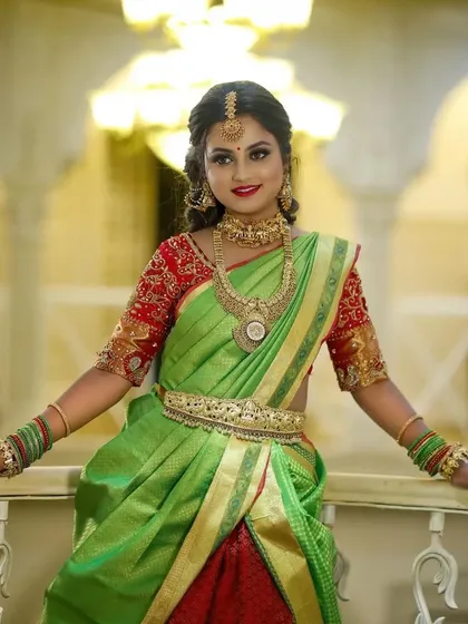 A series of photos showing a bride in a green saree with our stunning temple jewellery. The different poses highlight the choker, haram, bangles, and maang tikka.