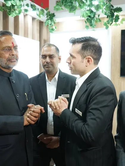 Our Director, Mr. Abhinav Mahajan, in discussion with Shri Heera Lal Nagar Ji at our booth. We shared insights into our advanced solar technologies and our commitment to powering Rajasthan's green transition.