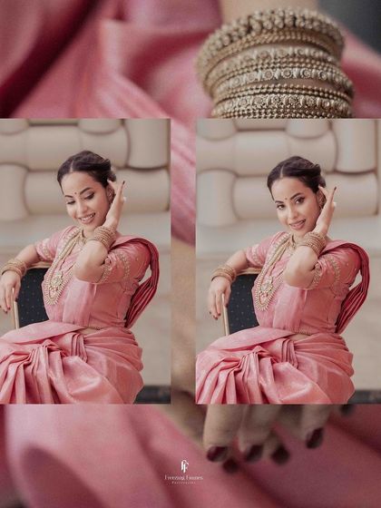 A diptych of the bride seated gracefully in her pink engagement saree, capturing her happy and serene demeanor.