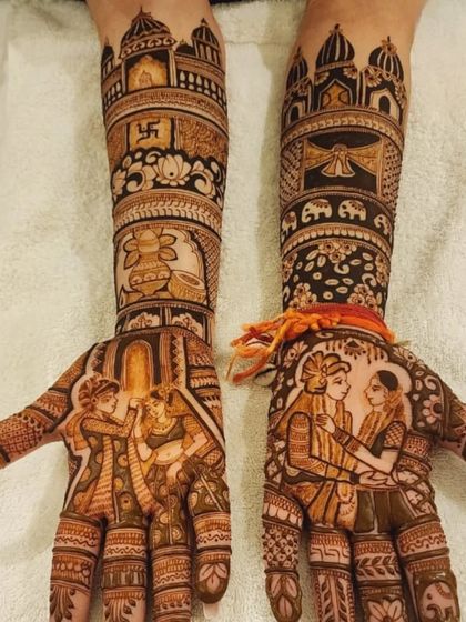 This design captures the varmala and pheras ceremonies on the palms, with auspicious symbols like the swastika and kalash on the arms.