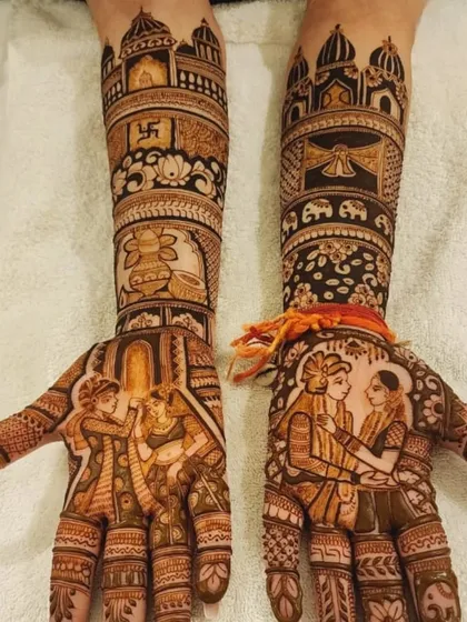 This design captures the varmala and pheras ceremonies on the palms, with auspicious symbols like the swastika and kalash on the arms.