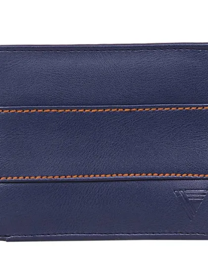 A frontal view of our navy blue genuine leather wallet. This image clearly shows the horizontal stitched band detailing and the subtle placement of our embossed brand logo on the exterior.